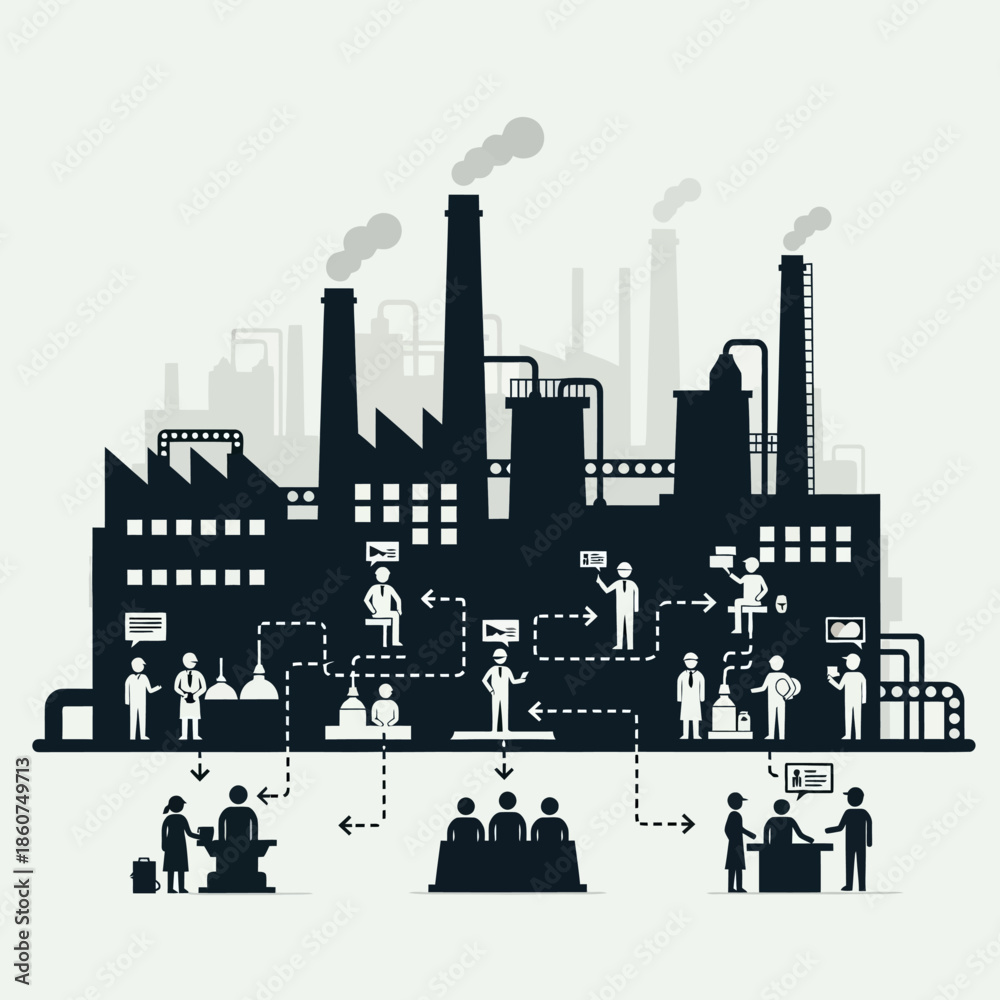 Fototapeta premium Industrial factory building with interconnected business processes and people.
