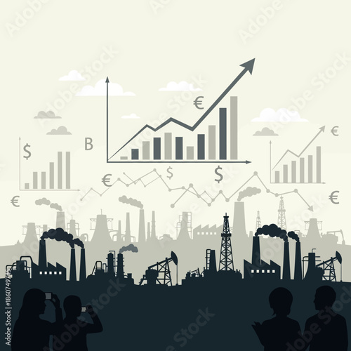 Industrial landscape with rising stock market graph and currency symbols.