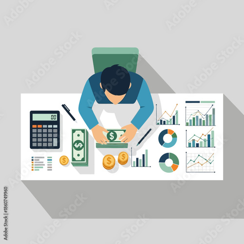 Overhead view of a person counting money at a desk with financial charts.