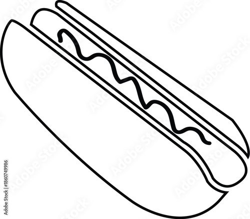 Minimalist Hot Dog Line Art Illustration, Sausage in Bun with Mustard Outline Vector Icon for Fast Food Menus, Concession Stands, and Summer BBQ Graphics, Simple Black and White Design.