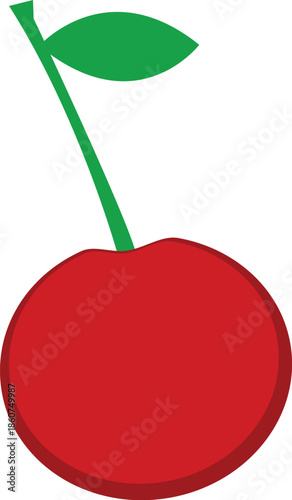 Single Red Cherry Fruit with Green Stem and Leaf Vector Illustration, Sweet Summer Berry Icon for Food Design, Healthy Snack Graphic for Menus and Packaging, Isolated Flat Minimalist Design.