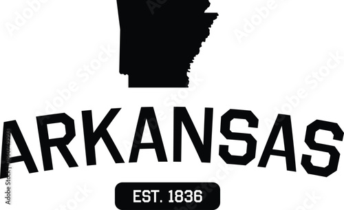 Arkansas State Map Outline with Vintage Typography, Statehood Est 1836 Souvenir Graphic, Black Silhouette Vector Logo for Local Pride, Travel, and Tourism Apparel Designs, Isolated Badge.