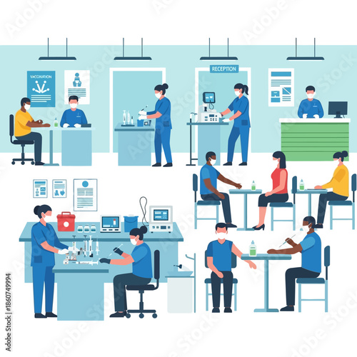 People receiving vaccinations and medical care in a clinic setting.