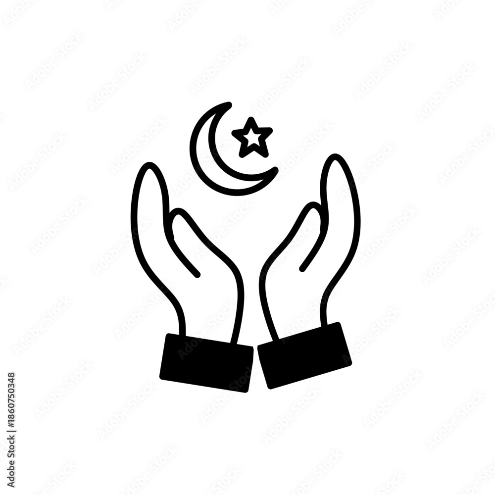 Obraz premium Muslim Praying Hands with Crescent Moon Line Art
