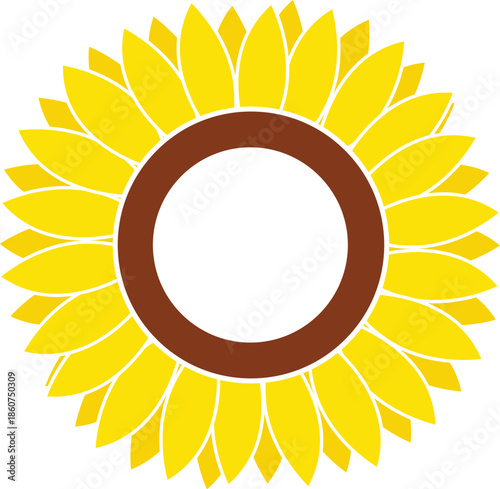 Sunflowers Monogram Frame Vector Design for Summer Florals with Blank Circle Center Space for Text Logo or Initial, Yellow Sun Flower Petals Silhouette Illustration Isolated on White Background.