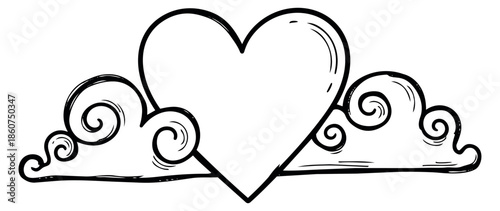 Hand drawn line art illustration of a heart with decorative swirls depicting love for romantic designs