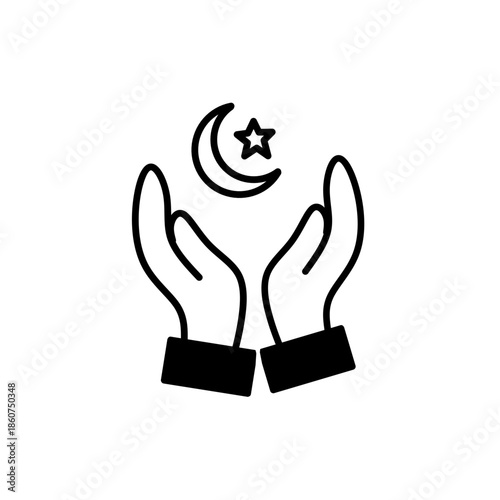 Muslim Praying Hands with Crescent Moon Line Art