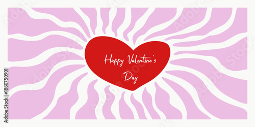 A red heart with the inscription "Happy Valentine's Day" on a pink and white abstract background. Greeting card design with a love and romance theme for the holiday.