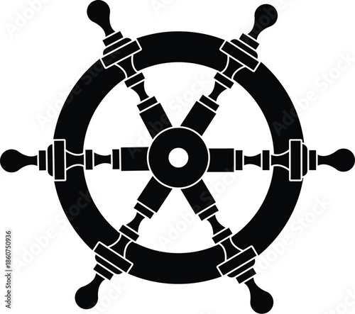 Nautical Ship Steering Wheel Vector Silhouette for Maritime Navigation and Sailing Boat Themes, Black Captain Helm Icon Design for Ocean Travel, Marine Adventure, and Nautical Decor Elements.