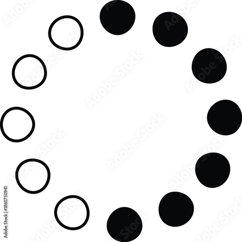 Minimalist circular loading progress bar icon with black dots and outline circles, isolated on white background, simple user interface element for website buffering or system processing indicator.