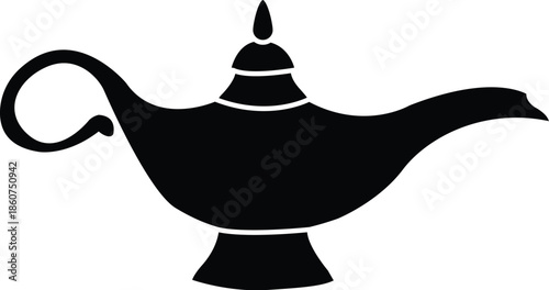 Black silhouette of a classic magic genie lamp or oil lamp, isolated on a white background, mystical symbol for wishes, legends, and Middle Eastern folklore stories like Aladdin or Arabian Nights.