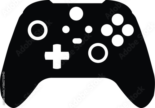 Modern video game controller black silhouette icon, isolated on a white background, symbol for gaming, entertainment, esports, console accessories, and digital interactive play technology design.