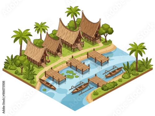 Isometric Tropical Village with Traditional Stilt Houses and Boats.
