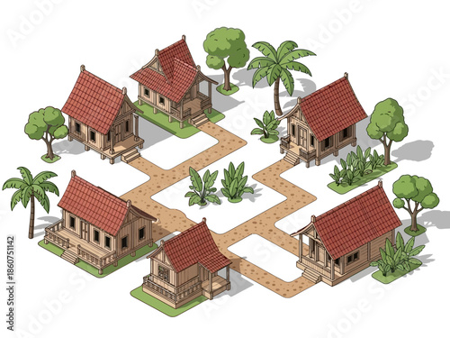 Isometric Village Illustration with Traditional Wooden Stilt Houses and Red Roofs