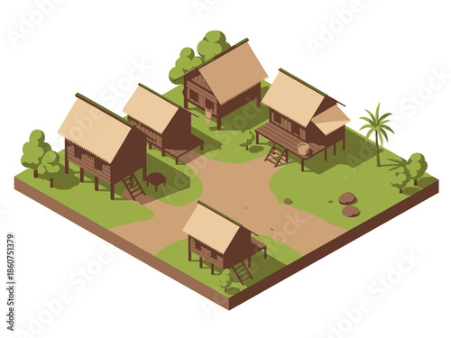 Traditional Southeast Asian Village with Elevated Wooden Houses and Thatched Roofs in Isometric Vector Style