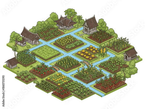 Isometric illustration of a traditional Asian farm village with diverse crops and houses