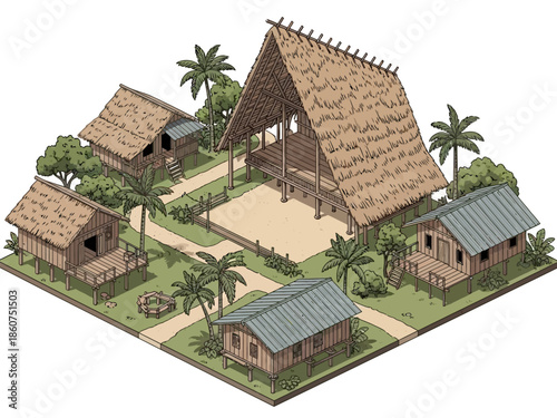 Isometric illustration of traditional Southeast Asian stilt houses and a large communal building in a tropical village