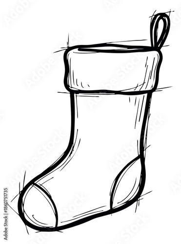 Hand drawn line art illustration of a Christmas stocking depicting a classic festive ornament for winter holiday designs