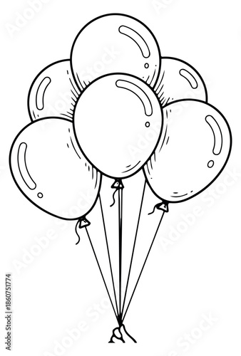 Hand drawn line art illustration of a bunch of balloons depicting celebration for a festive occasion