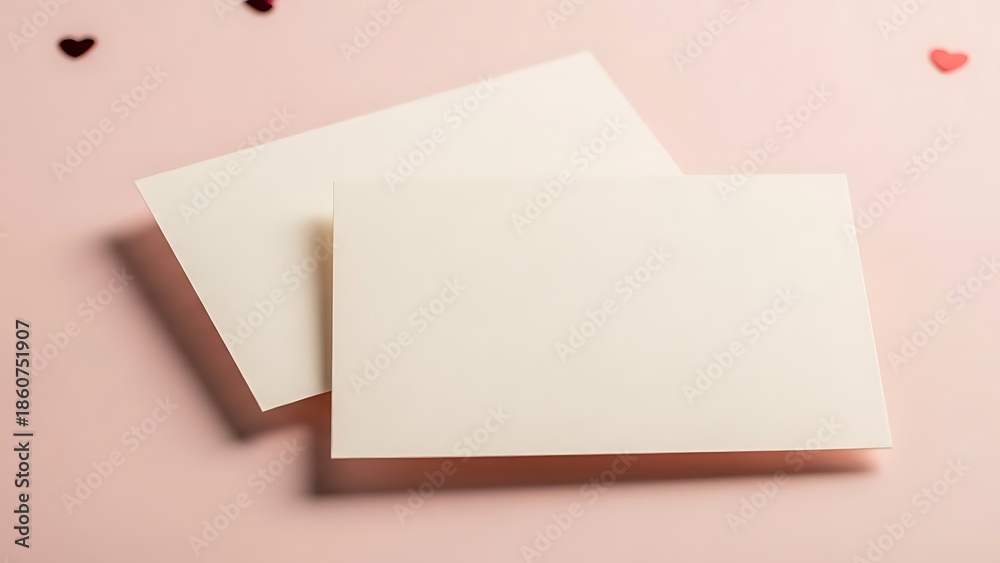 Fototapeta premium Blank greeting cards with scattered heart confetti on a soft pink background