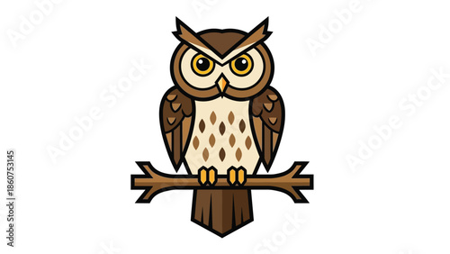 Owl mascot vector logo design sitting on branch isolated on white background