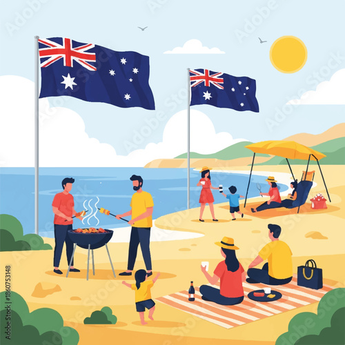 People enjoying a barbecue on a sunny beach with Australian flags waving in the background
