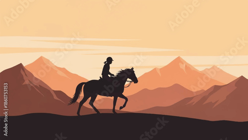 Silhouette of a rider on horseback galloping across a hill against a backdrop of mountains during sunset