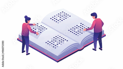 Two individuals examining a large open book with braille text on its pages