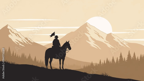 Rider on horseback silhouetted against a serene mountain landscape at sunset