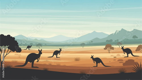 Kangaroos roaming freely across the arid Australian outback landscape seen from a distant viewpoint