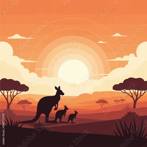 A serene Australian landscape at sunset featuring a kangaroo with joeys in a peaceful savannah environment viewed from a distance.