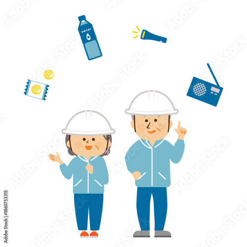 防災　防災用品を考えるシニアのイラスト