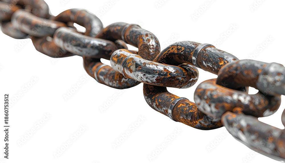 Fototapeta premium Close-up of a heavily rusted metal chain on a black background, with links in focus