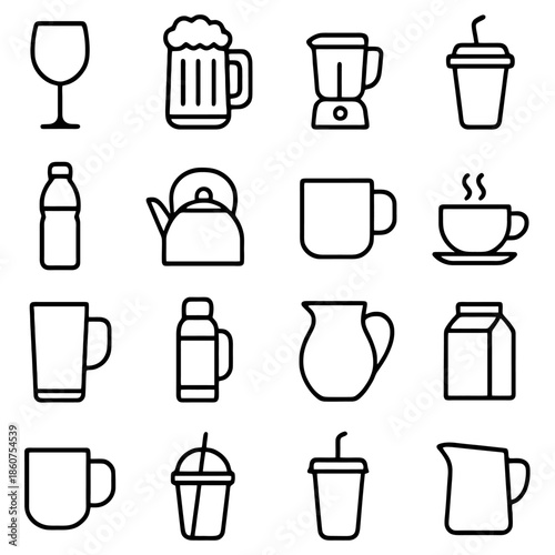 Diverse Beverage Icons: A collection of simple, yet elegant outline icons representing a wide array of beverages, perfect for designing menus, websites.