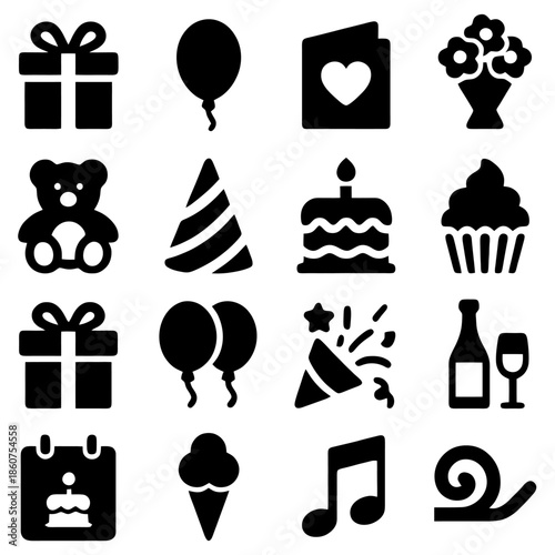Iconic Elements of Celebration: A collection of celebratory icons, including gifts, balloons, a greeting card, flowers, a teddy bear, party hat, cake, cupcake, present, balloons, confetti, wine.