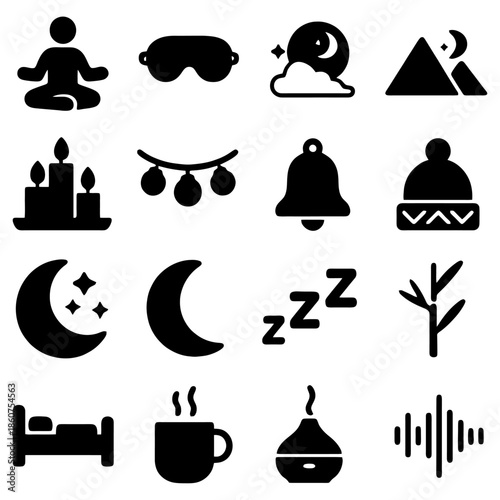 Serene night illustration: A collection of meticulously designed icons evokes the tranquility of a peaceful night, ideal for designs focused on serenity and relaxation.