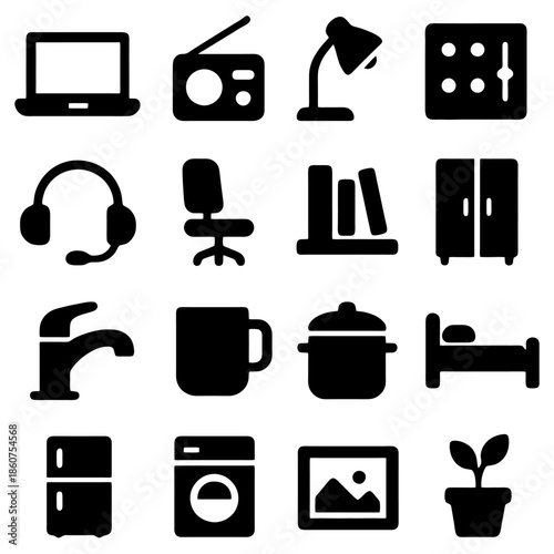 Home Essentials Silhouettes: A collection of various home and office objects in stylish black silhouettes, offering a simple yet elegant representation of modern living.