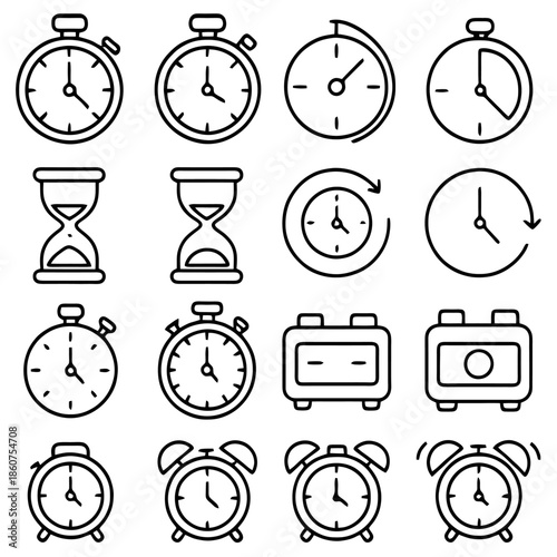 Icons of Timekeeping: A collection of various timekeeping devices, meticulously designed in a minimalist style, presenting a comprehensive range of clocks, hourglasses, and timers.