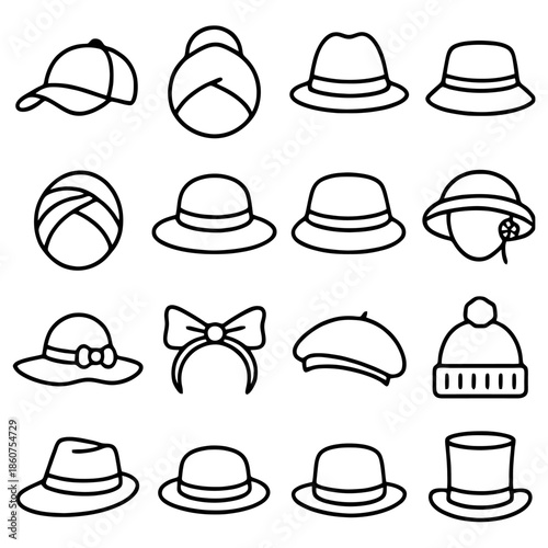 Variety of Headwear: A detailed and versatile illustration presenting an assortment of headwear. Perfect for fashion, design, and style concepts.