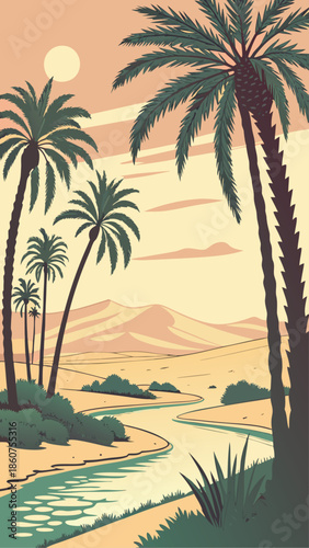 Serene Desert Oasis at Sunrise with Palm Shadows