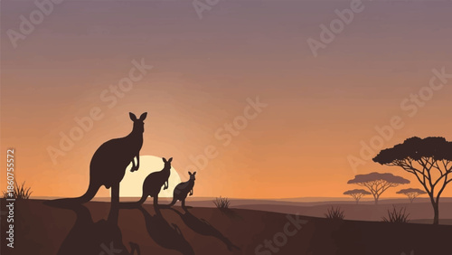 Kangaroo family standing on a dirt path at sunset in the Australian outback landscape
