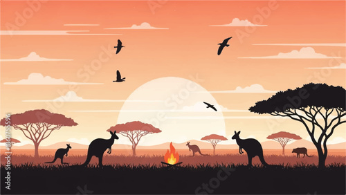 Kangaroos roam freely in the Australian outback at sunset surrounded by trees and birds flying overhead