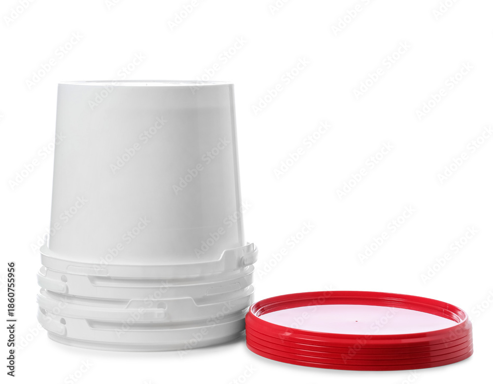 Obraz premium Open plastic paint bucket on white background