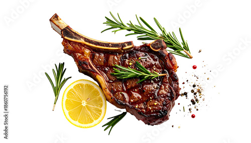 Close-up of a grilled ribeye steak with herbs, lemon, and peppercorns