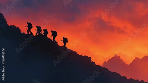 Group of hikers at sunset mountain. Young people on mountain hike at sunrise. They holding hands and helping each other.