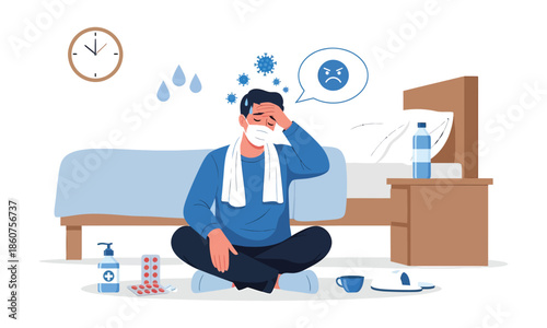 Man feeling unwell in bed with fever and headache