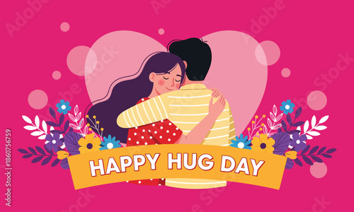 Happy hug day illustration with loving couple embrace