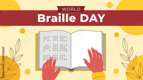 World braille day illustration with hands reading braille book