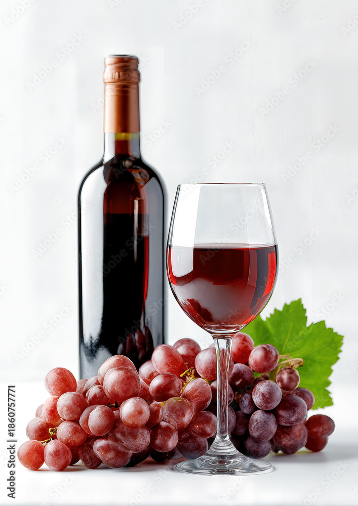 Obraz premium A crystal glass filled with rich red wine sits next to a full bottle, showcasing clusters of plump grapes and fresh green leaves on a clean, bright surface.