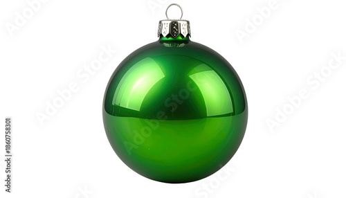 A glossy, emerald green Christmas bauble, isolated on a stark black background